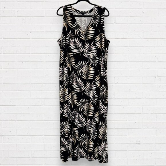 J JILL Wherever Sleeveless V-Neck Maxi Dress Black Beige Leaf Print Pattern XL - Picture 1 of 8